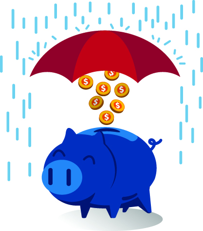 Piggy bank with umbrella and coins